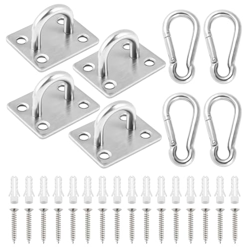 dsDAEDK 4 Stück Edelstahl Augplatte mit Öse und 4 Stück Karabinerhaken, U-Förmige Decksplatte, Robuste Ösenplatte mit Dübeln und Schrauben, Wandöse für Wohnzimmer, Balkon, Bad