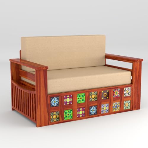 Image of Solid Sheesham Wood Sofa Cums Bed with Mattress & Storage | Rosewood Convertible Sofa Bed for Living Room & Bedroom (F-Honey, 2 Seater)