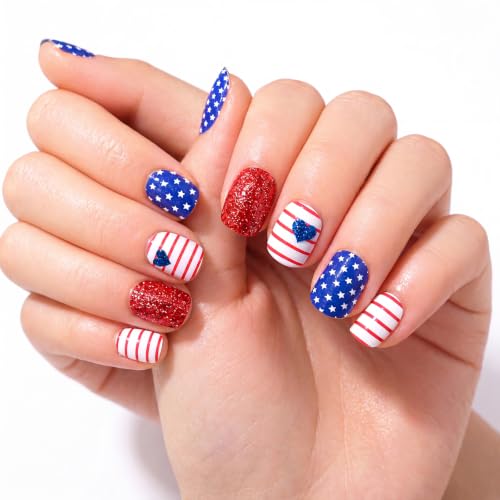 4th of July Press on Nails Red White Star Stripe Glitter Fake Nails