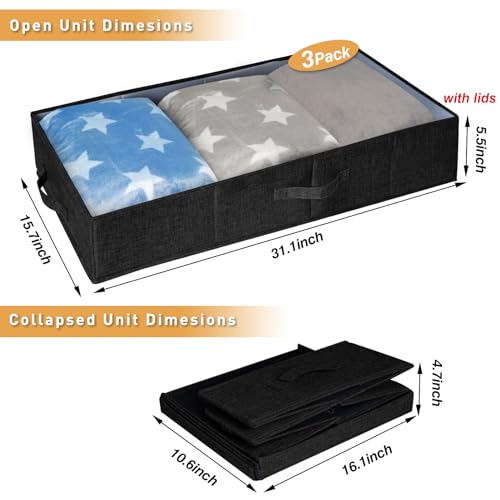 Image of punemi Under The Bed Storage Containers 3 Pack, 6 Inch Tall Stackable Underbed Storage Bins With Handles, Closet Organizers and Storage Bins, Large Under Clothes Drawer Organizers Box For Crib, Black