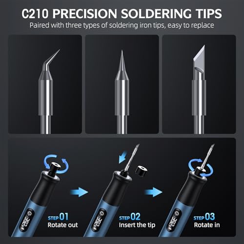 Cordless Soldering Iron Kit - 7s Fast Heating & Auto Sleep, Portable USB-C Rechargeable Welding Pen with 3 Tips (392°F/200°C to 842°F/450°C) for Electronics Repair/DIY/Circuit Board, Blue