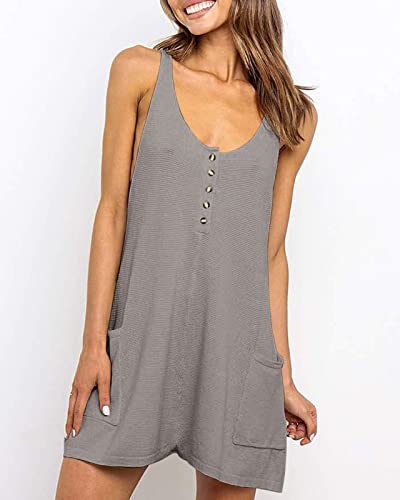 Caramitty Rompers For Women Button Down Summer Waffle Knit Sleeveless Loose Jumpsuits Spaghetti Strap Short Pants Outfit #TOP2