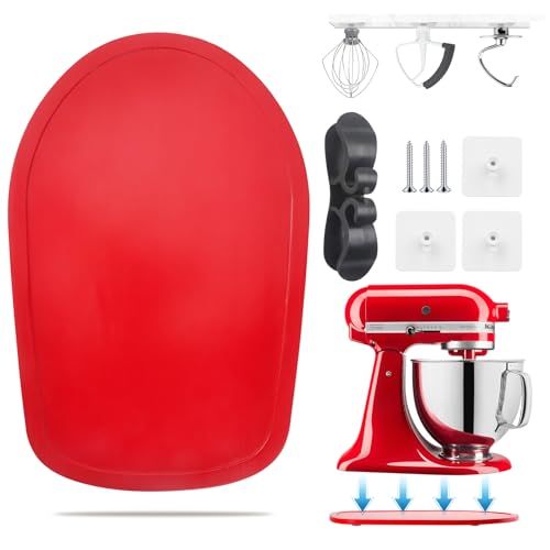 Sliding Mat for Kitchen aid 4.5-5 Qt Stand Mixer with 1Pc Cord Organizer and 3Pcs Attachment Holder for Kitchen Appliance Slider (4.5-5 Qt Bamboo and Attachment, Red)