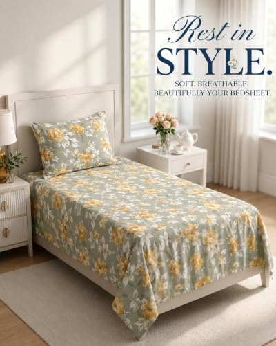 Image of VAS COLLECTIONS 240 TC Premium Cotton Single Bedsheet, Soft Breathable Comfortable Floral Printed Bed Sheet, Elegant Durable Bedding for Bedroom, Easy Care Single Bed Cover,60 x 90 Inches - Ochre