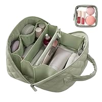 Makeup Bag Travel Toiletry Bag, Puffy Padded Make Up Bags for Women, Waterproof Cosmetic Organizer, Makeup Organizer Wide-open Pouch Purse, Travel Essentials for Toiletries Accessories Brushes (Green)