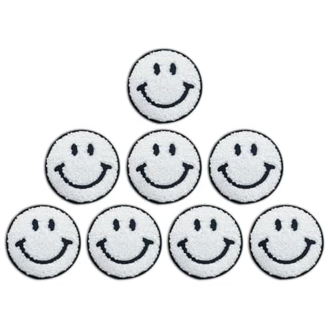 Tizikcon 8pcs White Smile Face Patch Iron On Repair Patches, Happy Face Sewing Appliques Clothing Badges for Clothes, Dress, Hat, Jeans, DIY Decorations（2.8inch） Cover