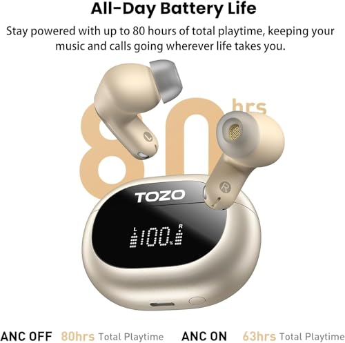 Image of TOZO NC20 Active Noise Cancelling Wireless Earbuds LDAC Hi-Res Bluetooth | 6 Mics AI Call Ear Buds 80H Playtime, Dual Pairing, 32 EQ via App, IPX8 Waterproof, Wireless Charging Case Titanium Gold