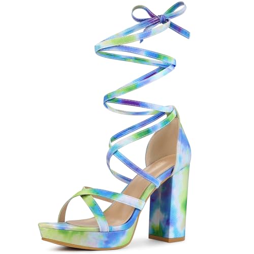 Allegra K Allegra K Women's Tie Dye Platform Chunky Heel Lace Up Tie Dye Green Blue Sandals 10 M US