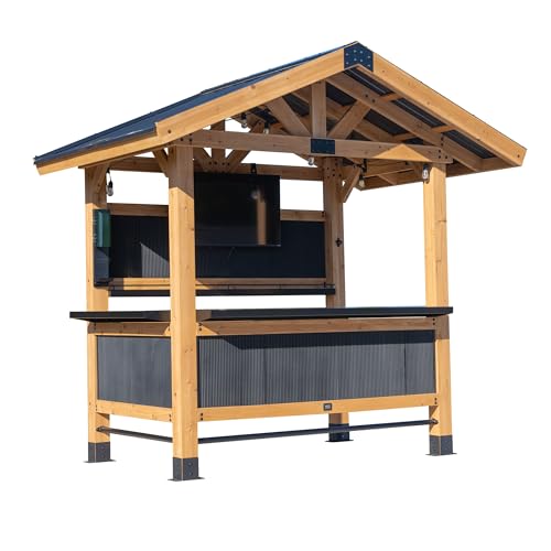 Backyard Discovery Palisade 9' x 6' Cedar Wood Outdoor Bar Set with Galvanized Steel Roof, Bar Top, Shelving, Snow Load Support, Wind Resistance, PowerPort for Patio, Deck, Entertaining
