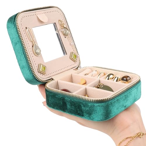 Image of Plush Velvet Travel Jewelry Box,Case,Organizer with Mirror,Green,1 Pcs