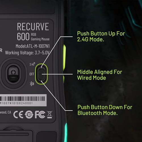 Image of Archer Tech Lab Wireless Gaming Mouse, 3 Connectivity (2.4G / Bluetooth /Wired) Precise & Rapid Response, Pixart 3325 Sensor 10000 DPI, 7 Programable Buttons, 8 RGB Modes, Ergonomic Design(Recurve 600)