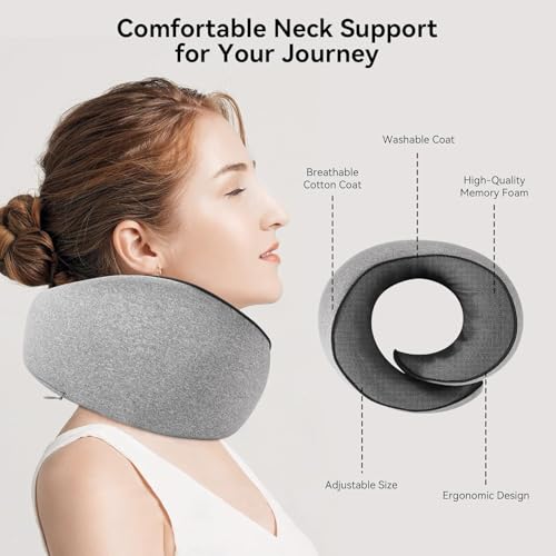 Image of Travel Neck Pillow for Airplanes, Premium Memory Foam Neck Pillow with Ergonomic 360 Support, Travel Essentials for Plane, Car, Train and Home, Max Cloud Gray