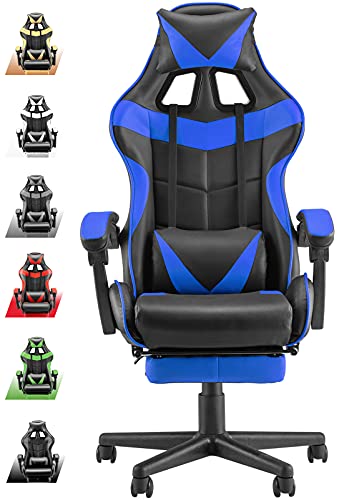 Soontrans Gaming Chair Blue with Footrest, Computer Gamer Chair, Ergonomic E-Sports Game Chair with Adjustable Headrest and Lumbar Support(Storm Blue)