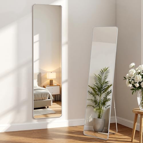 Warmiehomy Full Length Mirror, 155x45cm Rectangle Standing Full Body Long Mirror Hanging or Leaning Against Wall for Bedroom Living Room(Sliver White