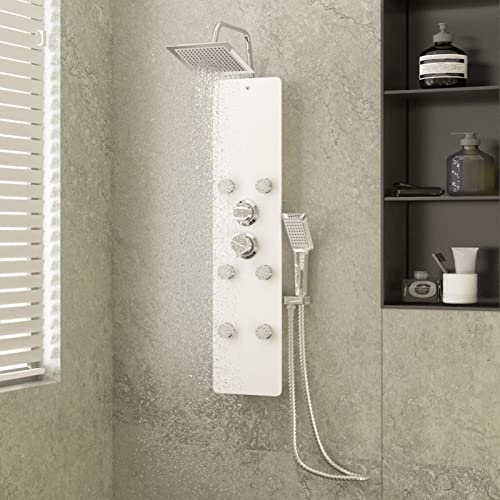 Panneau de douche avec tête cascade précipitant et jets de massage intégrés