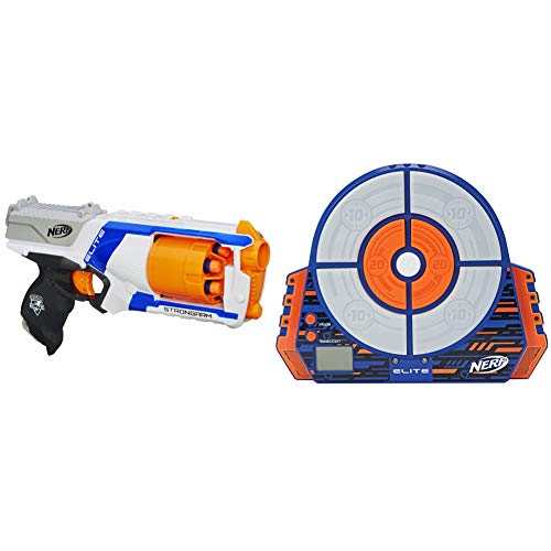 NERF N Strike Elite Strongarm Toy Blaster with Rotating Barrel, Slam Fire, and 6 Official Elite Darts for Kids, Teens, & Adults(Amazon Exclusive) & Elite Digital Target , Blue/Orange , Standard