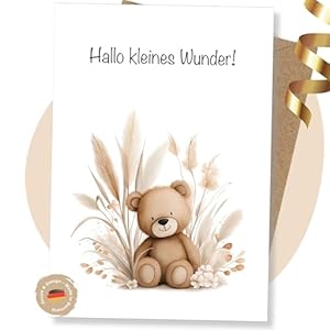 LINDFALL® Premium Glückwunschkarte zur Geburt 'Bärchen'. Karte Mutterschutz, Aquarell, Klappkarte A6 mit Kraft-Umschlag. Karte Geburt Junge, Mädchen, Beigabe zu Windeltorten Geschenksets