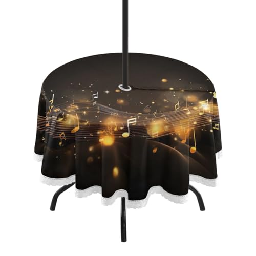 Wajiw 60 Inch Indoor Outdoor Round Tablecloth with Umbrella Hole and Zipper Waterproof Patio Table Cover for Camping Dining Room Party Outdoor Picnic,Gold Musical Notes