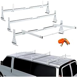 Universal Van Roof Ladder Racks with Rear Roller, Adjustable 57''-65'' with Ladder Stoppers, 3 Bars - Fit Chevy Express Fullsize Van 1996-Up, for Vans with Rain Gutter Only, 800LB Load-Capacity