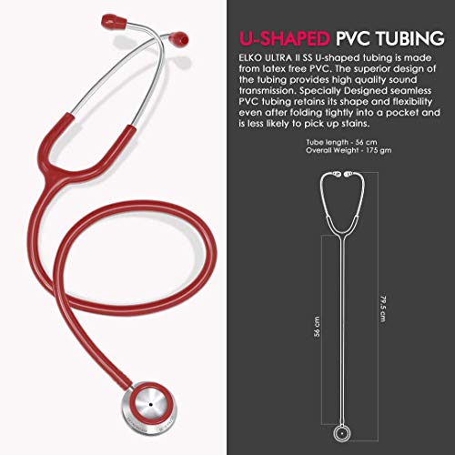 Image of ELKO EL-140 ULTRA II SS Stainless Steel Acoustic Stethoscope | For Doctors, Medical Students & Healthcare Professionals | Dual Head Chestpiece | 5.5mm Brass Pipe Frame | U-Shaped PVC Tubing (Red)