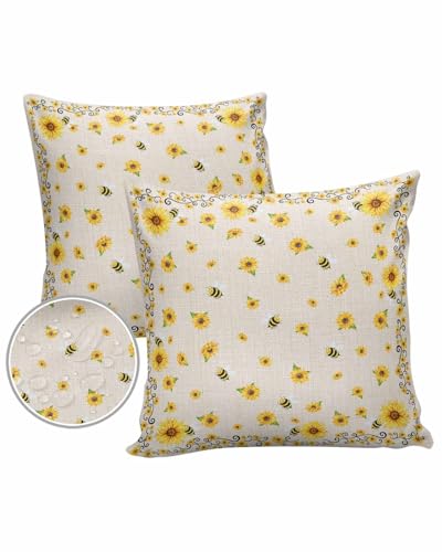 OComster Outdoor Pillow Covers Waterproof, Sunflower Bee Farmhouse Throw Pillowcase Decorative Cover, Rustic Spring Summer Burlap Garden Cushion Case Set of 2 for Sofa, Couch, Tent, Patio 24