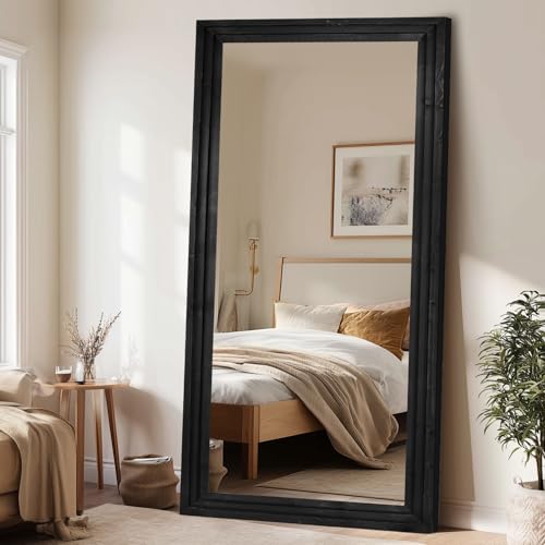 Full Length Wood Mirror 76x34 - Rustic Solid Wood Floor Mirror with Triple Layer Frame, HD Tempered Glass, Wall Mounted or Leaning Standing Mirror Vintage Black Mirror for Bedroom Bathroom Living Room