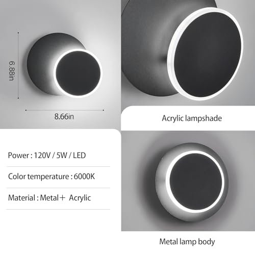 Image of Modern LED Black Wall Sconces Set of Two Acrylic Wall Lights Lighting Fixture 6000K White Light 8W Dimmable Wall Lamp Round Sconces Wall Lighting for Living Room Bedroom Bedside Hallway