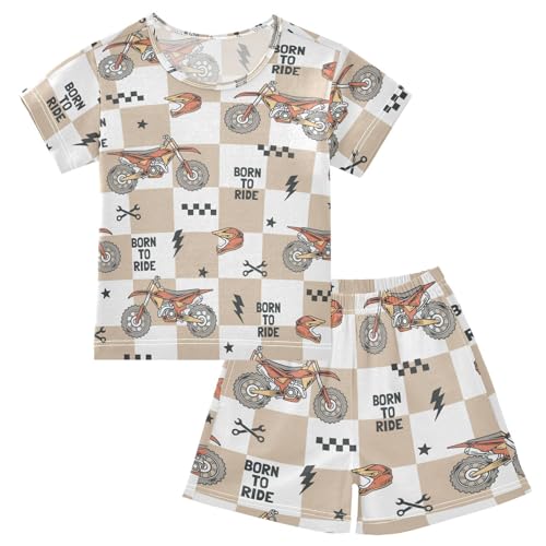Pajama Short Sets Checkered Pattern with Dirt Bikes Soft Cotton Summer Sleepwear 2 Piece PJS Size 5-14T