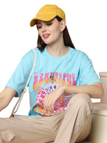 Image of Preneum Women's Cotton Aesthetic & Cool Graphic Printed Baggy Fit Drop-Shoulder Sleeves Cotton Oversized T-Shirt || Printed