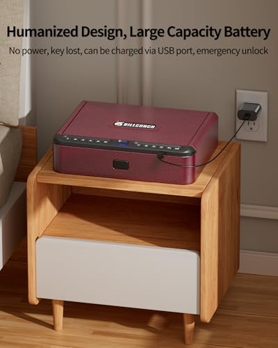 BILLCONCH Gun Safe for Handgun - Biometric Pistol Safe 4 Ways Quick Access with Fingerprint/Full-digital Keypad/Key/APP Lock and Security Cable for Nightstand Bedside Home - Burgundy Red - Thumbnail 5