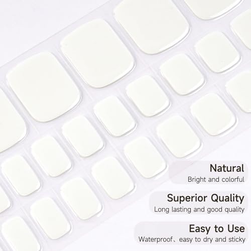 DUKASOU Semi Cured Gel Pedicure Strips, 32 Solid Color Gel Toenail Stickers Full Nail Wraps for Women Girls Kids, Includes Prep Pads, Nail File & Wood Stick (Snow White)