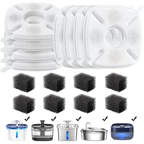 Veken Cat Water Fountain Filter, Classic 8 Pack Replacement Filters & 8 Pack Replacement Pre-Filter Sponges for 67oz, 95oz, 135oz Automatic Pet Fountain Dog Water Dispenser Cover