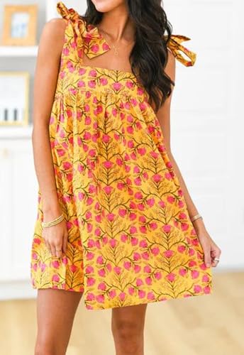 Image of Women Floral Tie Shoulder Mini Dress Cute Square Neck Loose Fit Beach Short Dress Backless Boho Vocation Sundress