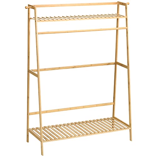 HOMCOM Perchero de Pie de Bambú Perchero para Ropa con 2 Estantes de Almacenaje 2 Ganchos Laterales y Barra Colgante para Entrada Dormitorio Oficina 114x40x139 cm Natural