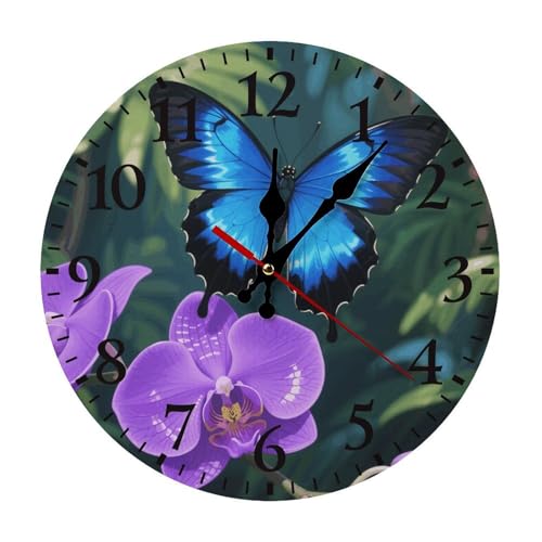 Horloge murale Morpho bleue sur orchidée pour chambre à coucher, horloge murale avec chiffres arabes, horloge ronde silencieuse sans tic-tac pour cuisine,...