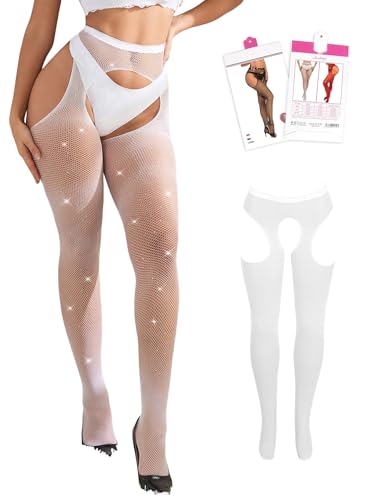 ohyeahlady Collant Resille Ouvert à L'Entrejambe Grande Taille Collant Fantaisie Strass Porte Jarretelle Bas Resille Sexy Pute Autofixant Tenu Lingerie Et...