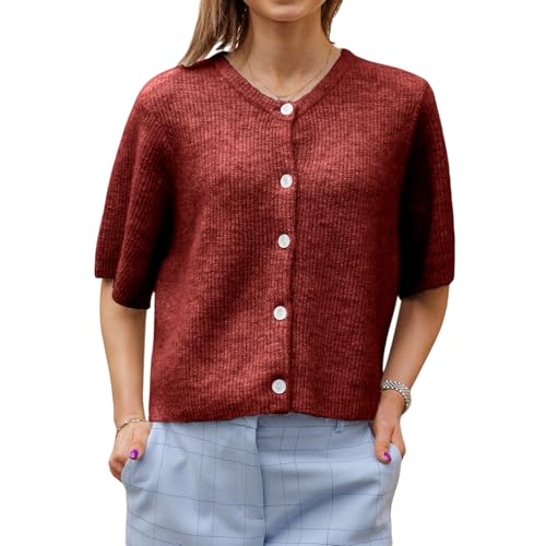 Image of Women Knitted Crop Cardigan Blouse Short Sleeve Button Down Sweater Shirt Y2k Open Front Cardigan Top Streetwear