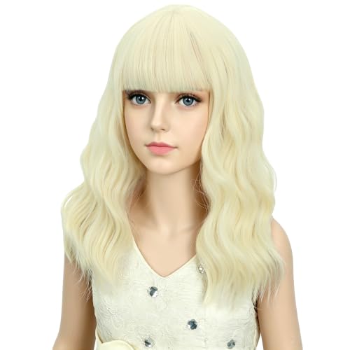 Image of Adult Light Blonde Wig Women Short Blonde Wavy Curly Wigs Adult Wig with Air Bangs Synthetic Cosplay Hair Wigs
