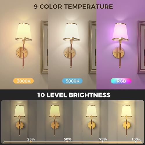 Image of DORESshop Battery Operated Wall Sconce Set of 2, Wireless Wall Light Easy to Install, 7 Color Rechargeable Wall Sconces, Sconce Wall Decor Set of 2 for Bedroom, Living Room, Gold and Leather, 18.7in