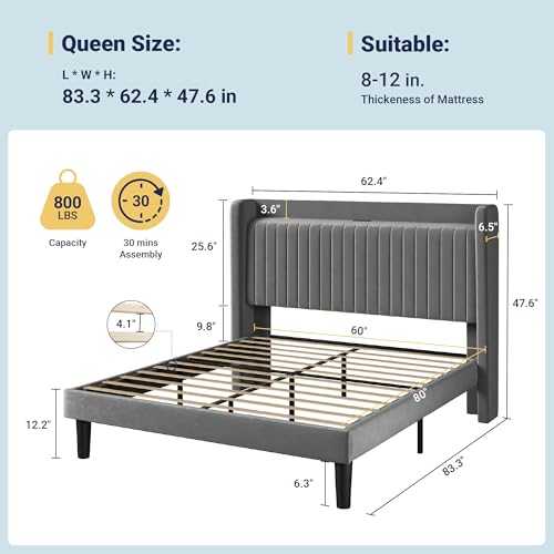 Image of Allewie Queen Size Platform Bed Frame with USB Charging Station and Storage Shelf /Upholstered Velvet Wingback Headboard /Wooden Slats Support /No Box Spring Needed /Easy Assembly, Grey