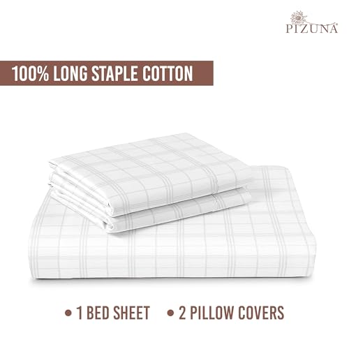 Image of Pizuna 100% Cotton Bedsheet Super King Size with 2 Pillow Covers, 300 Thread Count Long Staple Cotton, Checks Pattern Flat Bed Sheet 108X108 Inch for Superking Bed, White