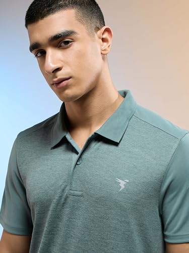 Image of TECHNOSPORT Men Polyester Self Design Polo Neck Half Sleeve T-Shirt with UPF50+, Double Cool for Gym, Sports and Regular Use