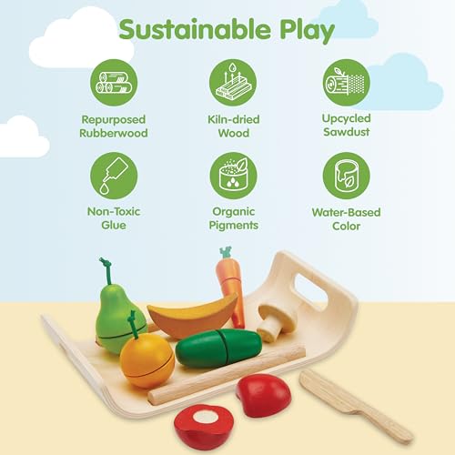 Image of PlanToys Wooden Fruits & Vegetables Cutting Set | Montessori-Inspired Play Food for Toddlers | Pretend Play Kitchen Toy with Knife and Tray | Educational Fine Motor Toy