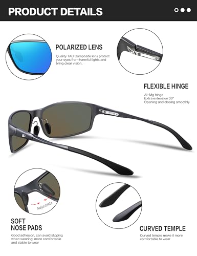 Image of Bircen Polarized Mens Sunglasses: UV Protection Black Blue Shades for Men Sport Driving with Al-Mg Metal Frame
