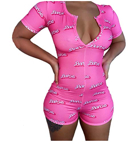 Wome Deep V Neck Funny Print Jumpsuit Rompers Button Down Pajamas Stretch Short Bodysuits Shorts (Barb Pink, M)