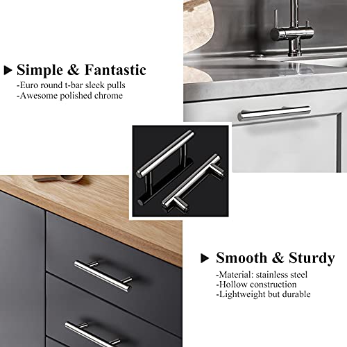 Image of Probrico 30 Pack 3 Inch Polished Chrome Cabinet Handles, 5 Inches Total Length Euro T Bar Handle Pulls, Stainless Steel Kitchen Cabinet Hardware Drawer Pulls