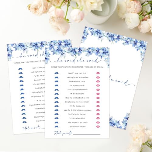 Image of He Said She Said Bridal Shower Games, 25 Blue Floral Bridal Shower Game Cards Set, Engagement Party Game for Guests, Wedding Games for Reception, Minimalist Marriage Party Supplies-12