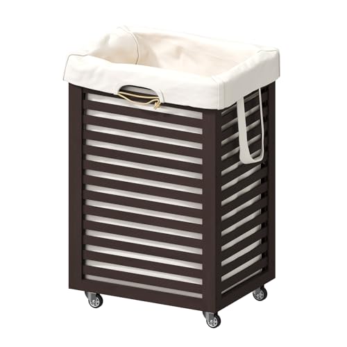 Wieghda Laundry Basket,Laundry Basket with Wheels,Rolling Laundry Basket for Clothes,Small Laundry Basket for Bedroom,Brown