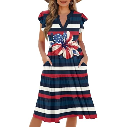 Image of Womens Summer Dress Ruffle Sleeve V Neck Dress Casual Fit Flowy Beach Vacation Sundress with Pocket S-2XL
