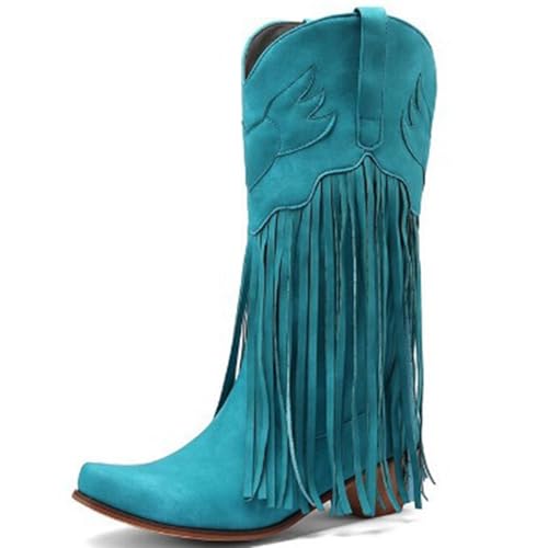 Blau,39,Western-Cowboystiefel mit Fransen für Damen, mittelhohe Reitstiefel mit spitzem, dickem Absatz und breiter Wade, Klassische, bestickte, Bequeme Cowgirl-Stiefeletten zum Überziehen